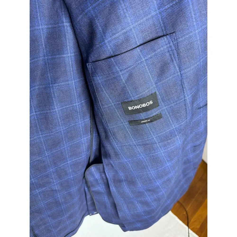 Bonobos Athletic Fit Zignone Italian Wool Plaid Blazer Jacket Coat Blue 44L